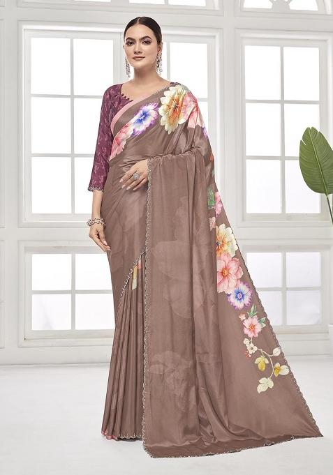 Brown Printed Crepe Saree Set