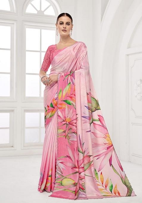 Pink Printed Crepe Saree Set