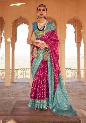 Pink Printed Silk Saree Set
