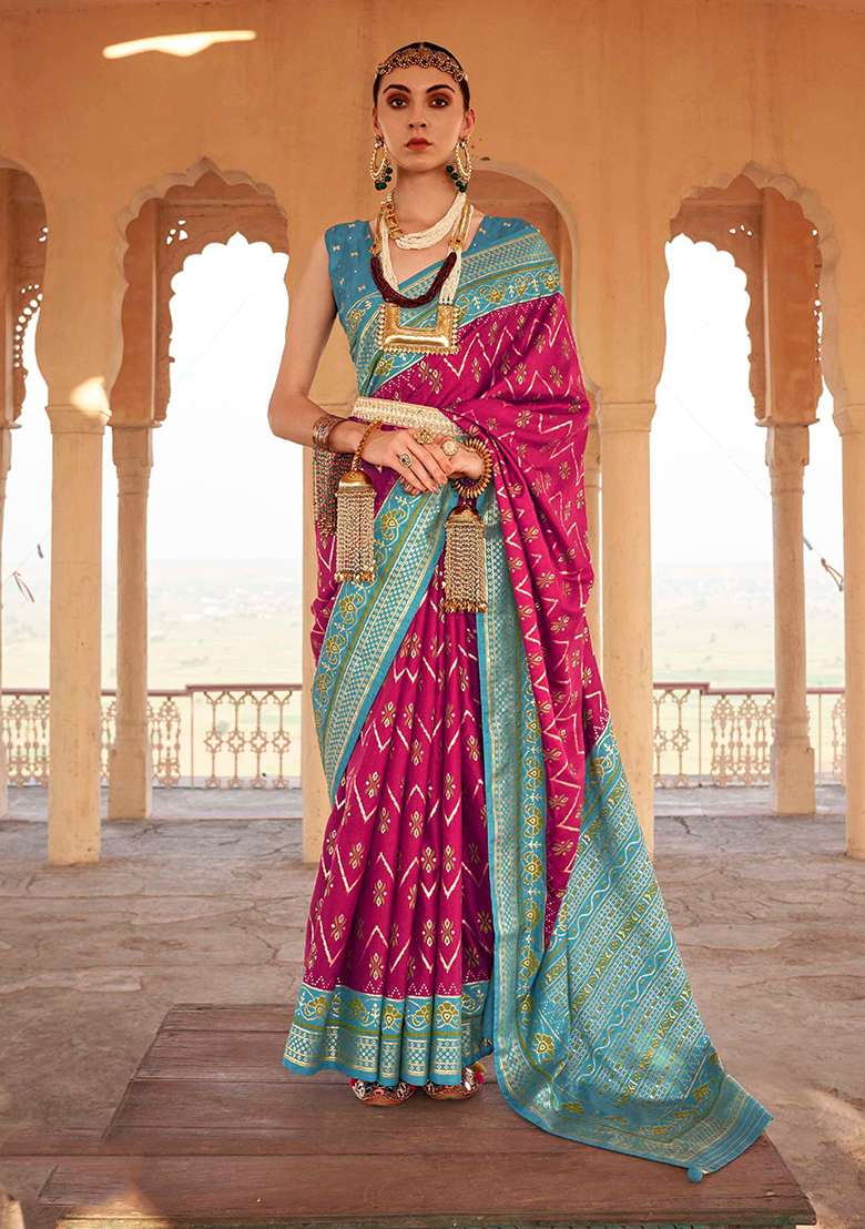 Pink Printed Silk Blend Saree Set - Indya