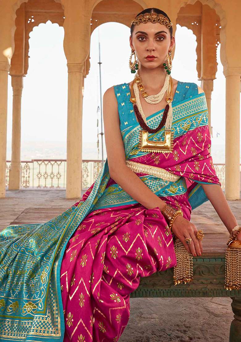 Pink Printed Silk Blend Saree Set - Indya