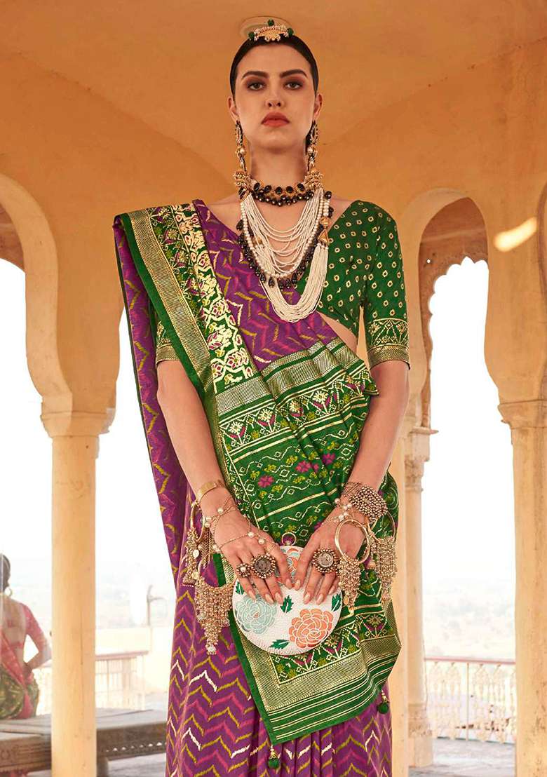 Purple Printed Silk Blend Saree Set - Indya