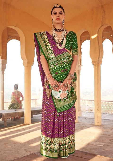 Purple Printed Silk Blend Saree Set