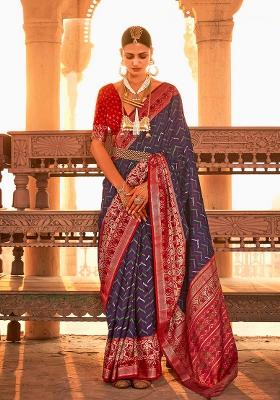 Blue Printed Silk Saree Set