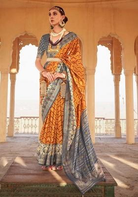 Yellow Printed Silk Saree Set
