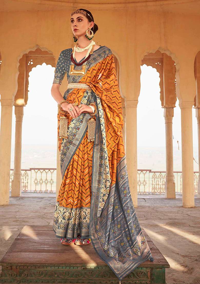Yellow Printed Silk Blend Saree Set - Indya
