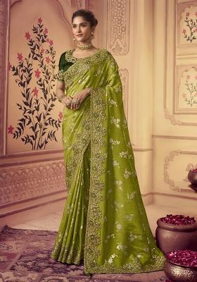 Green Embroidery Silk Saree Set