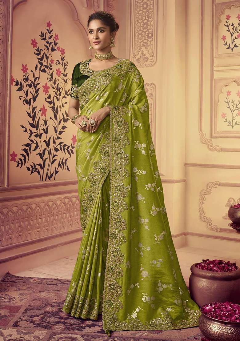 Green Embroidery Silk Blend Saree Set - Indya