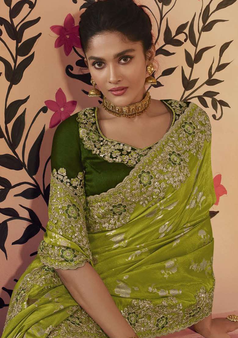 Green Embroidery Silk Blend Saree Set - Indya