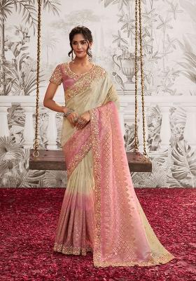 Cream Embroidery Silk Saree Set