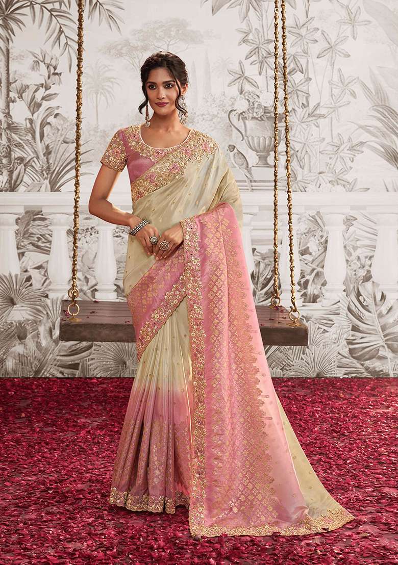 Cream Embroidery Silk Blend Saree Set - Indya