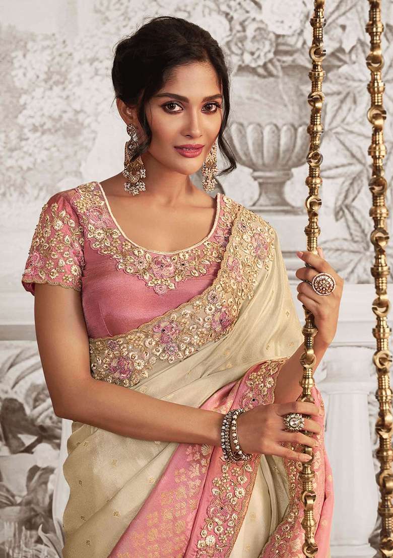 Cream Embroidery Silk Blend Saree Set - Indya