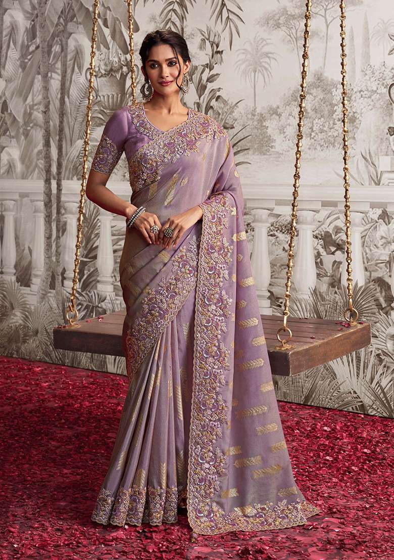 Purple Embroidery Silk Blend Saree Set - Indya