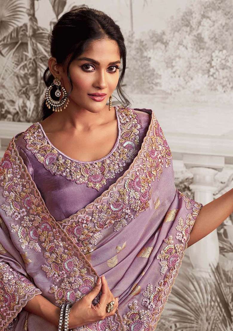 Purple Embroidery Silk Blend Saree Set - Indya