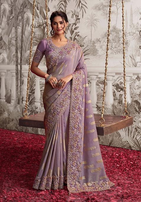 Purple Embroidery Silk Saree Set