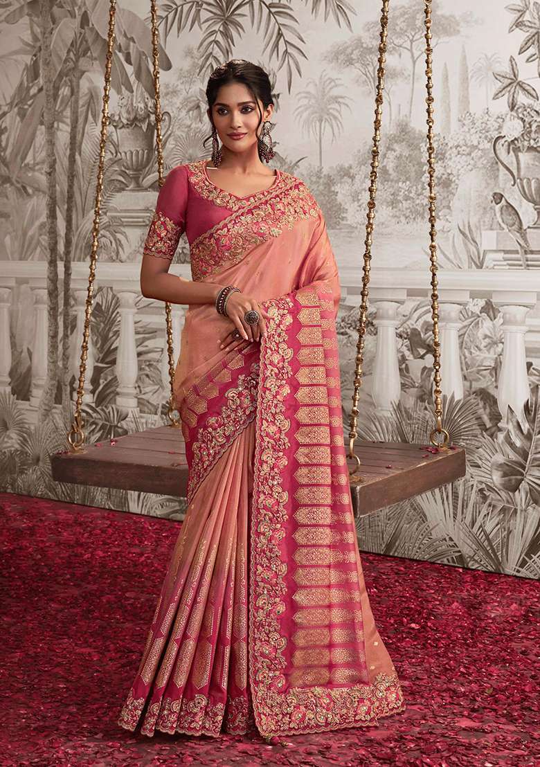 Pink Embroidery Silk Blend Saree Set - Indya