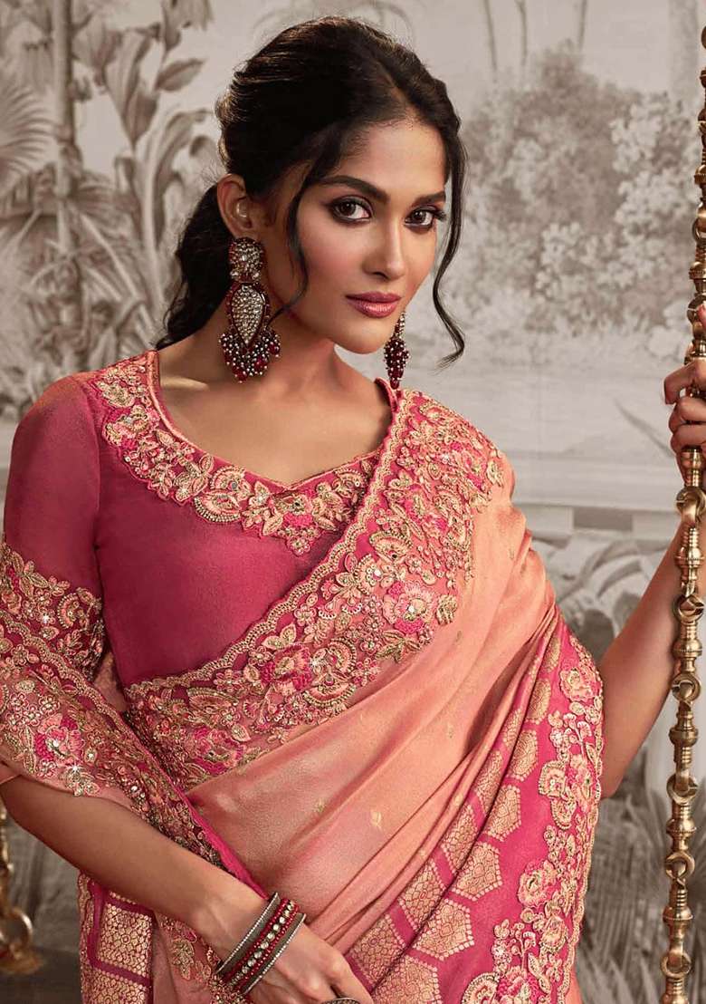 Pink Embroidery Silk Blend Saree Set - Indya