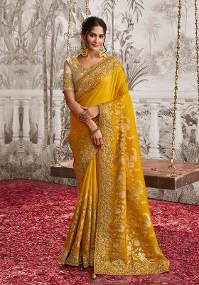 Yellow Embroidery Silk Saree Set