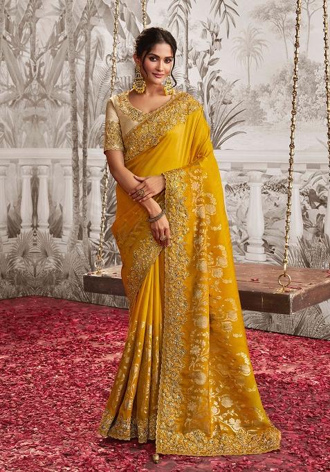 Yellow Embroidery Silk Blend Saree Set