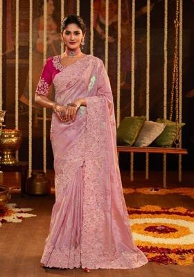 Pink Embroidery Silk Saree Set