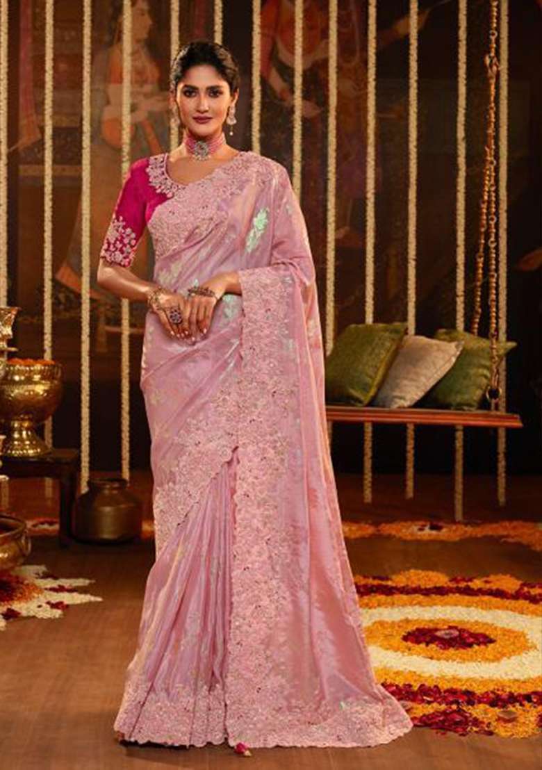 Pink Embroidery Silk Blend Saree Set - Indya