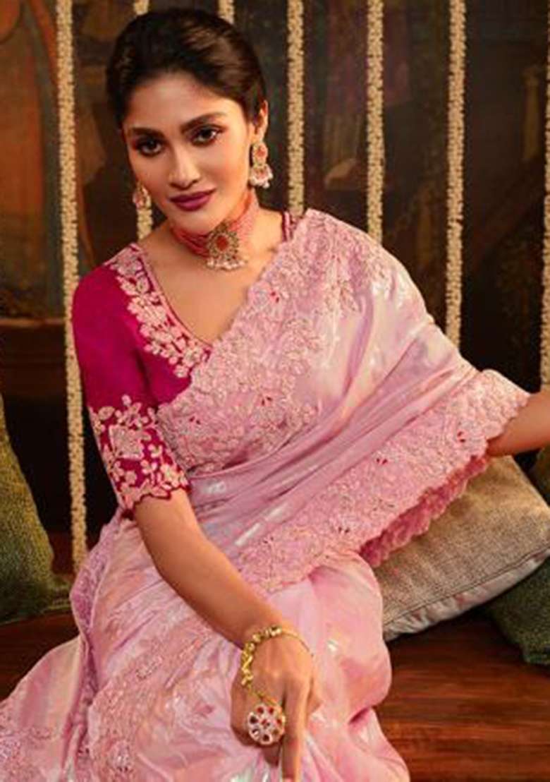 Pink Embroidery Silk Blend Saree Set - Indya