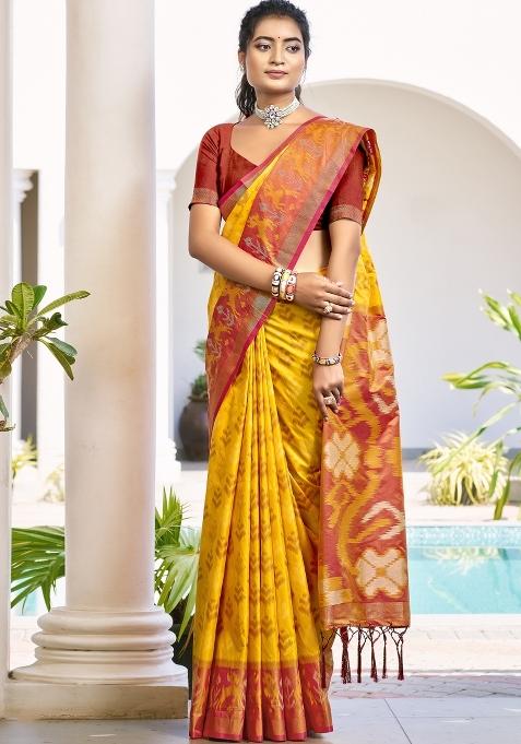 Yellow Woven Zari Work Pochampalli Silk Saree Set