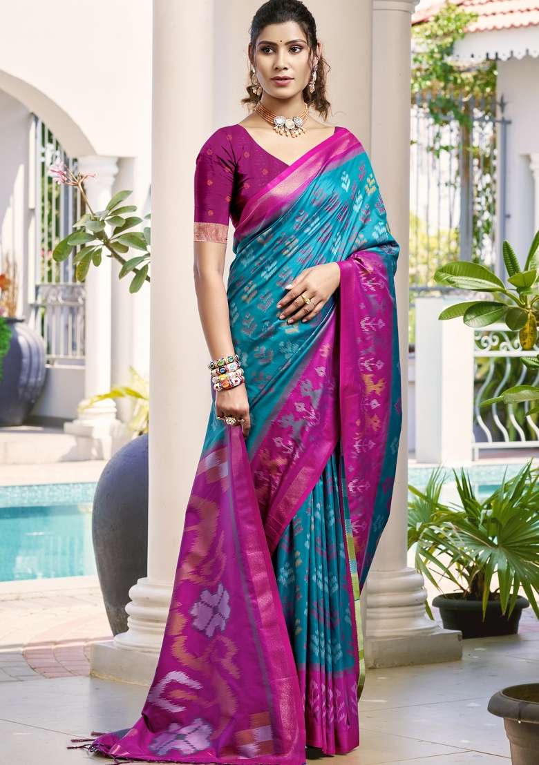 Sky Blue Woven Pochampalli Silk Blend Saree Set with Zari Work for Diwali | Wedding & Festive Wear - Indya