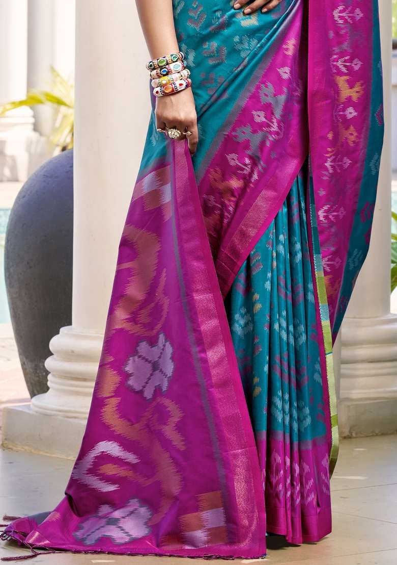 Sky Blue Woven Pochampalli Silk Blend Saree Set with Zari Work for Diwali | Wedding & Festive Wear - Indya