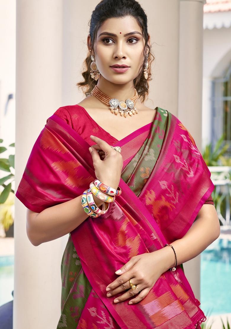 Olive Green Woven Zari Work Pochampalli Silk Saree Set - Indya