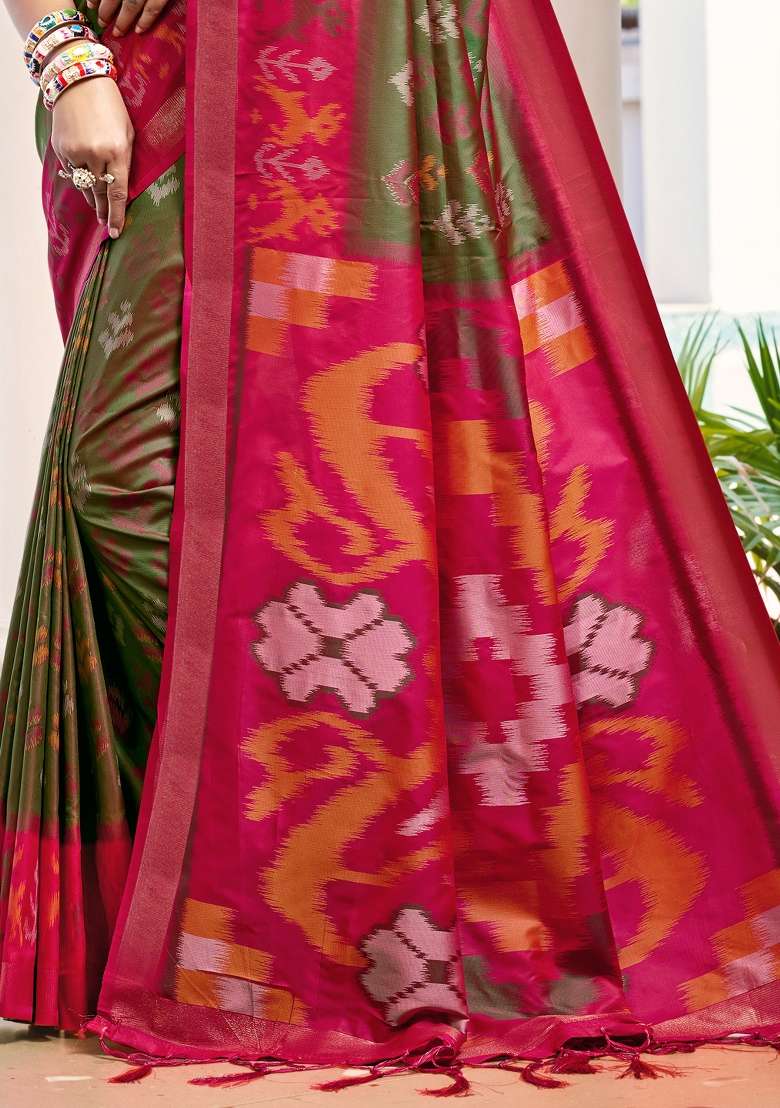 Olive Green Woven Pochampalli Silk Blend Saree Set with Zari Work for Diwali | Wedding & Festive Wear - Indya