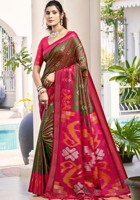Olive Green Woven Zari Work Pochampalli Silk Blend Saree Set