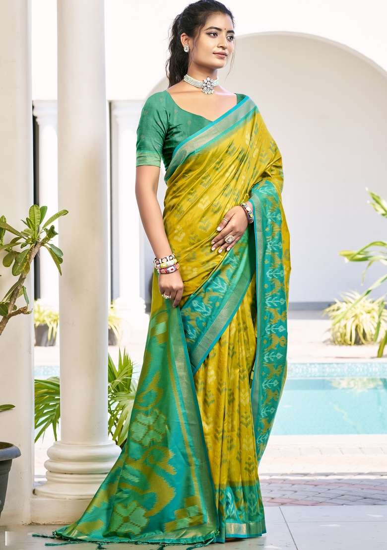 Mustrad Yellow Woven Pochampalli Silk Blend Saree Set with Zari Work for Diwali | Wedding & Festive Wear - Indya