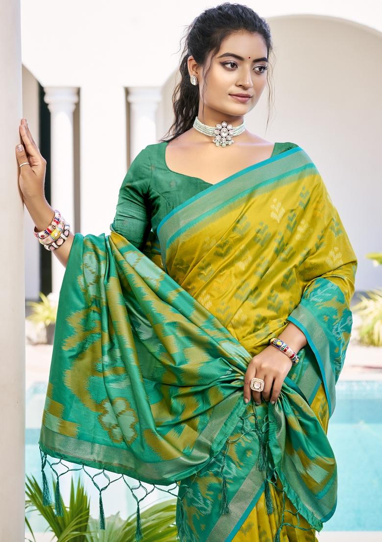 Mustrad Yellow Woven Zari Work Pochampalli Silk Saree Set - Indya