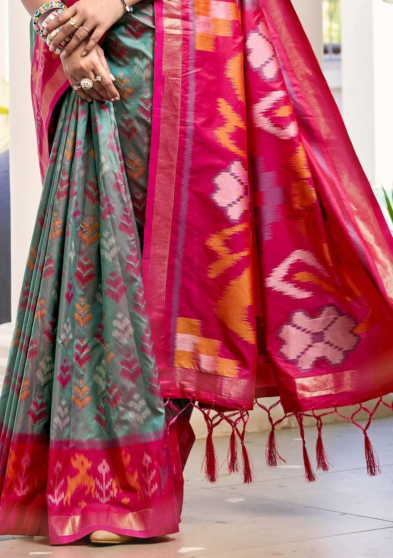 Grey Woven Zari Work Pochampalli Silk Blend Saree Set for Diwali and Festive Wear - Indya