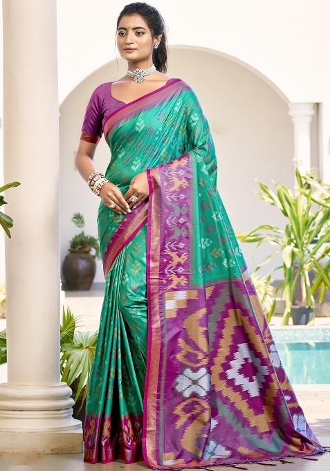 Rama Green Woven Zari Work Pochampalli Silk Blend Saree Set