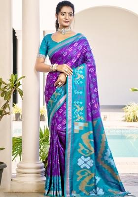 Violet Woven Zari Work Pochampalli Silk Saree Set