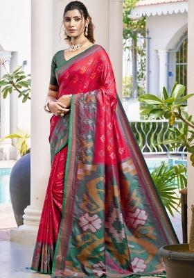 Red Woven Zari Work Pochampalli Silk Saree Set