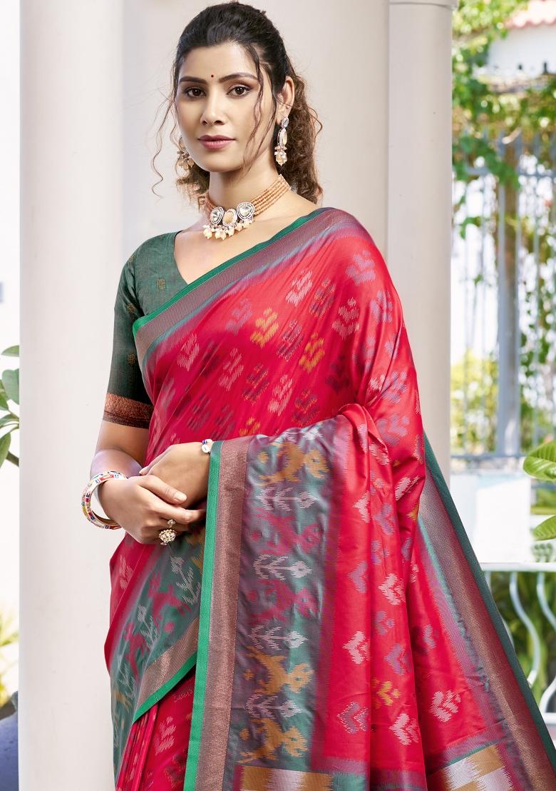 Red Woven Zari Work Pochampalli Silk Saree Set - Indya