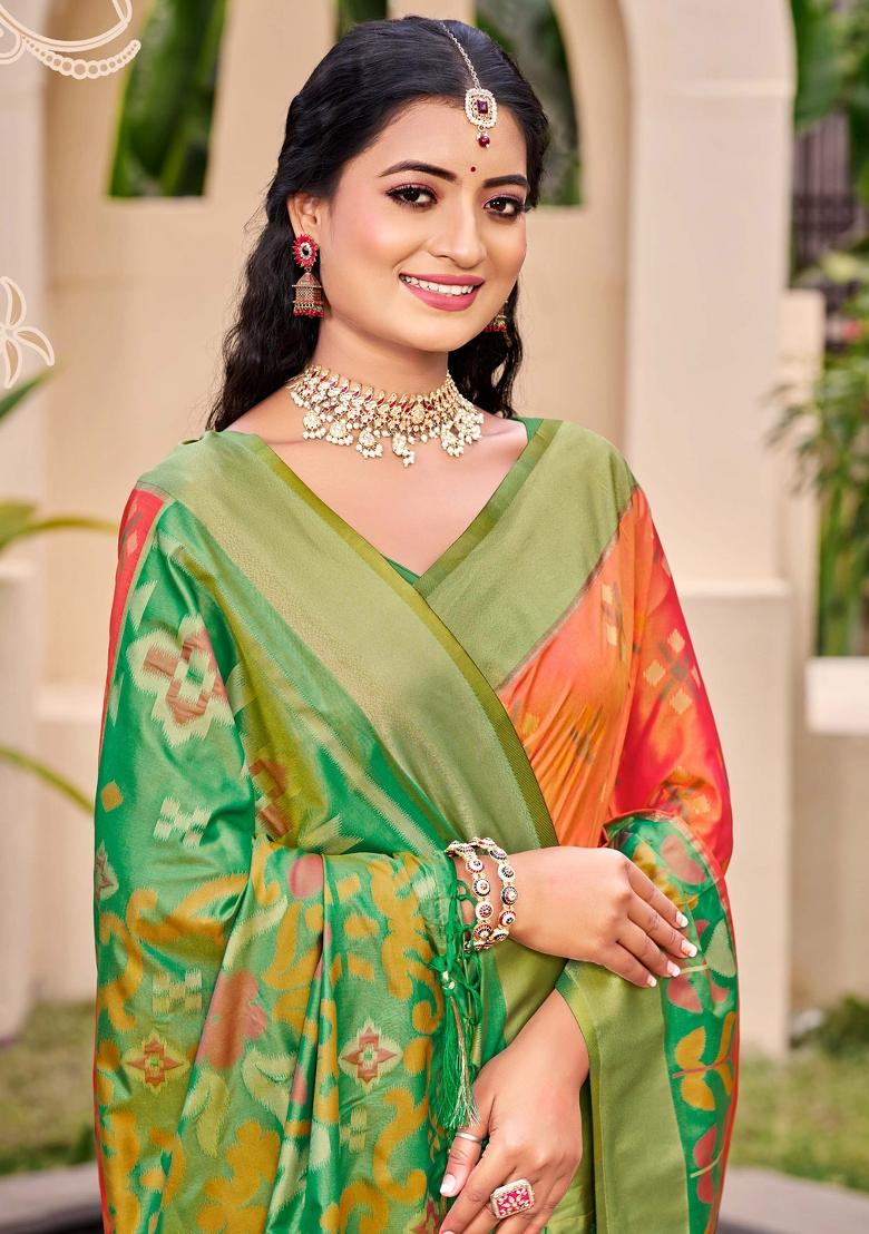 Orange Woven Zari Work Pochampalli Silk Saree Set - Indya