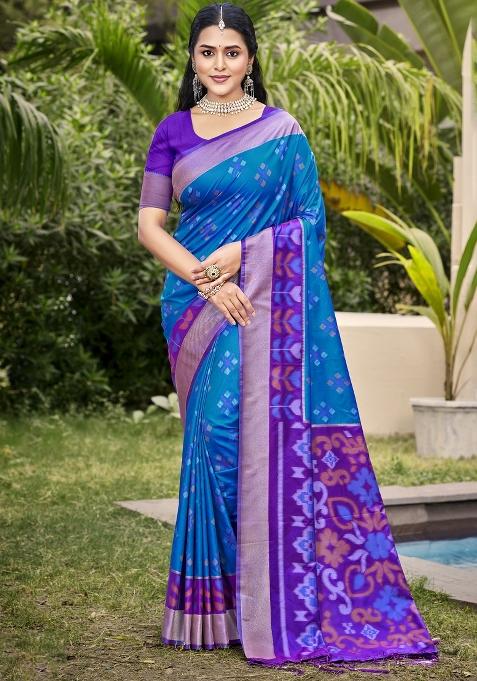 Blue Woven Zari Work Pochampalli Silk Blend Saree Set