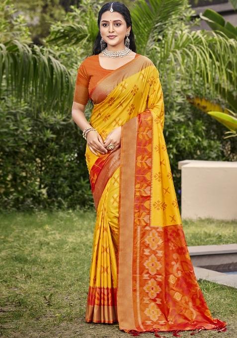 Yellow Woven Zari Work Pochampalli Silk Blend Saree Set