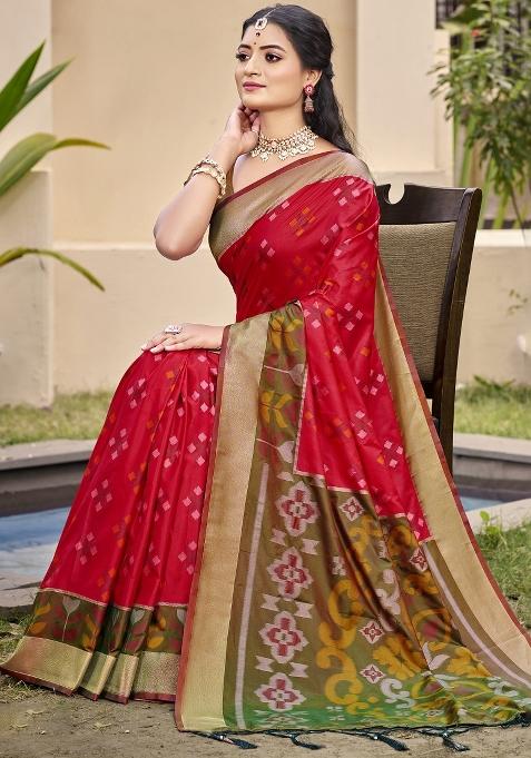 Red Woven Zari Work Pochampalli Silk Blend Saree Set
