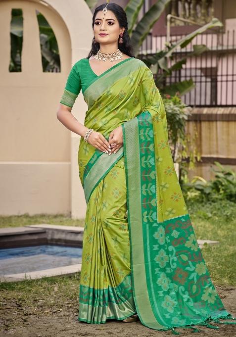 Light Green Woven Zari Work Pochampalli Silk Blend Saree Set