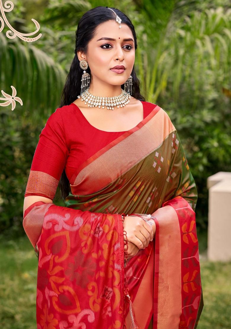 Brown Woven Zari Work Pochampalli Silk Saree Set - Indya