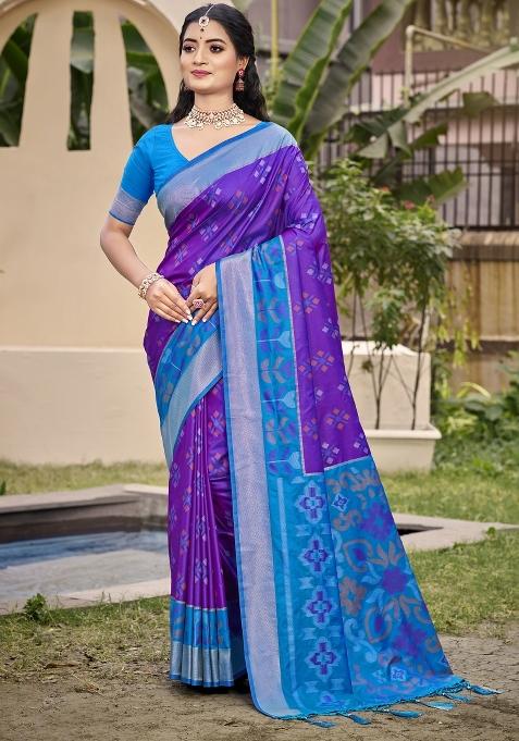 Violet Woven Zari Work Pochampalli Silk Blend Saree Set
