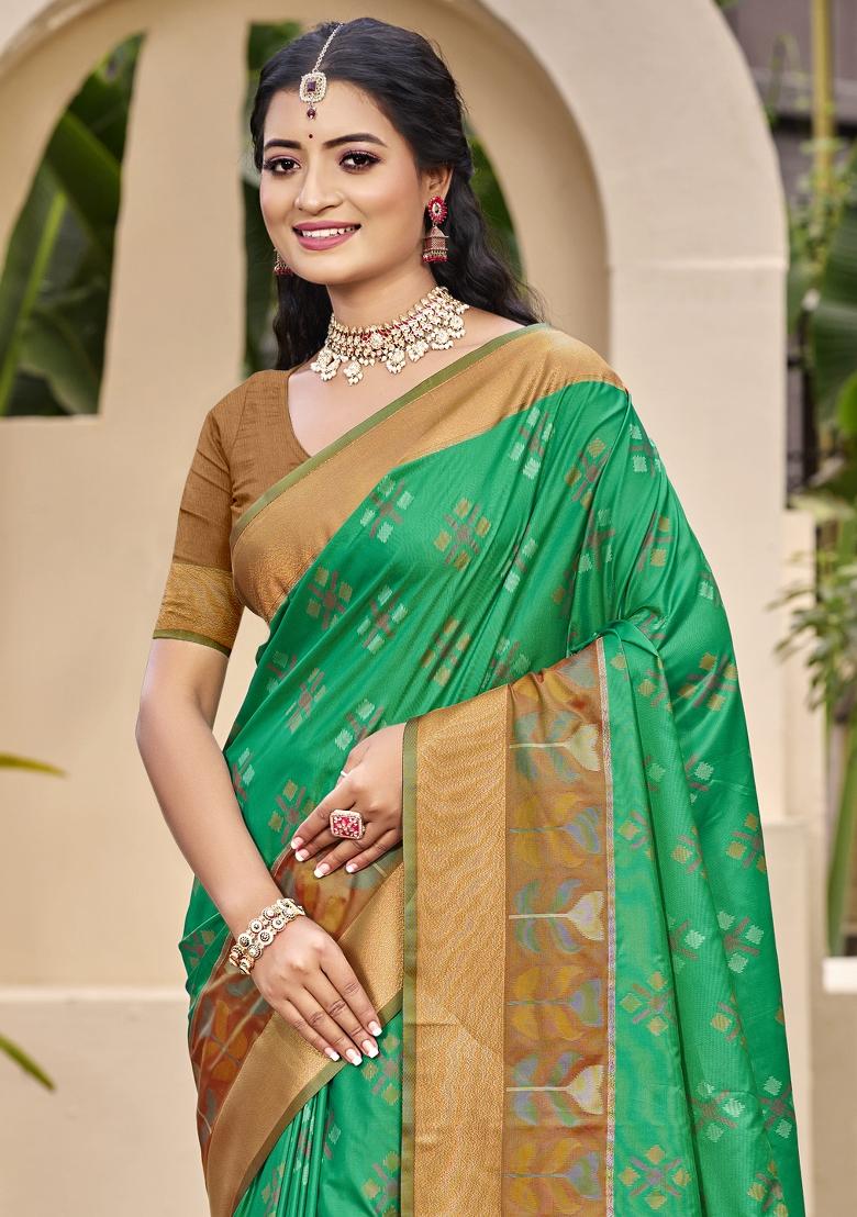 Brown Woven Zari Work Pochampalli Silk Saree Set - Indya