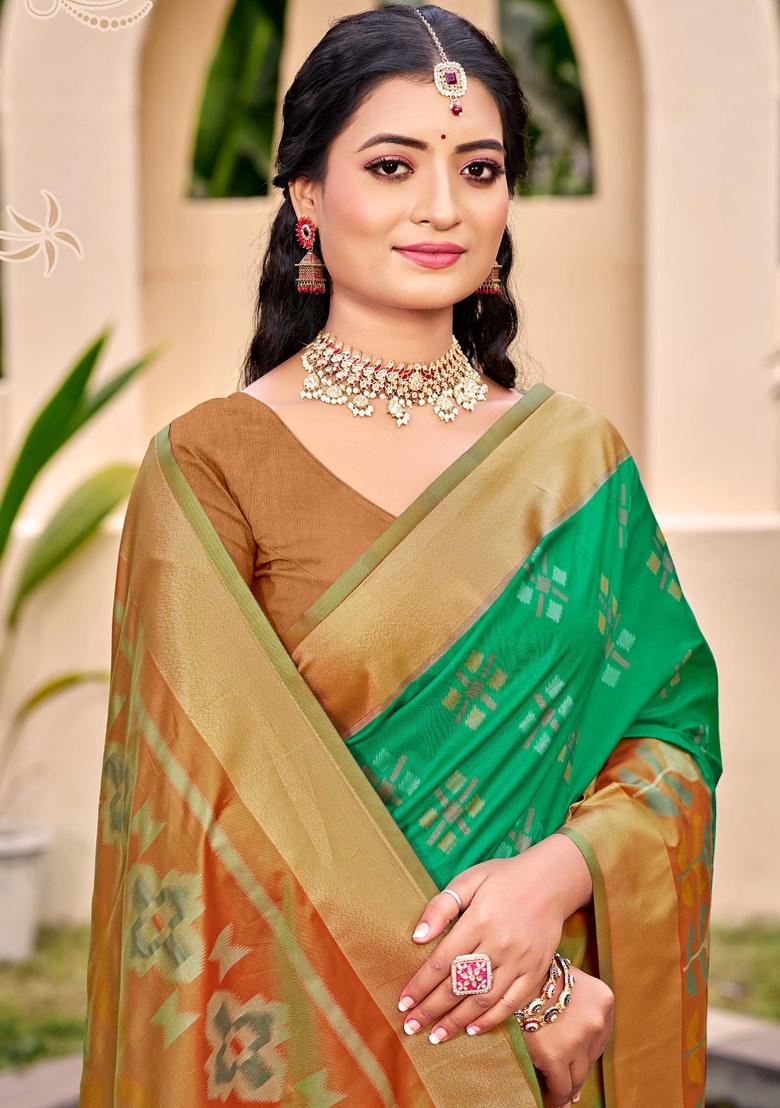 Brown Woven Zari Work Pochampalli Silk Saree Set - Indya