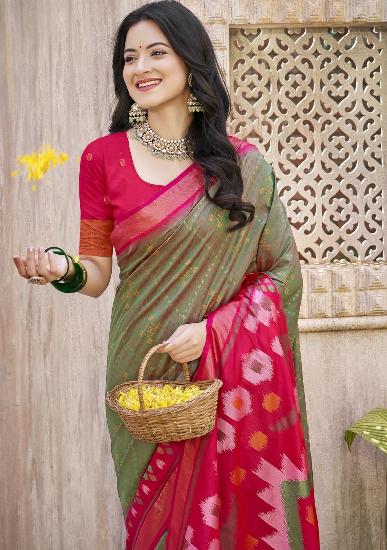 Mhendi Green Woven Zari Work Pochampalli Silk Saree Set - Indya