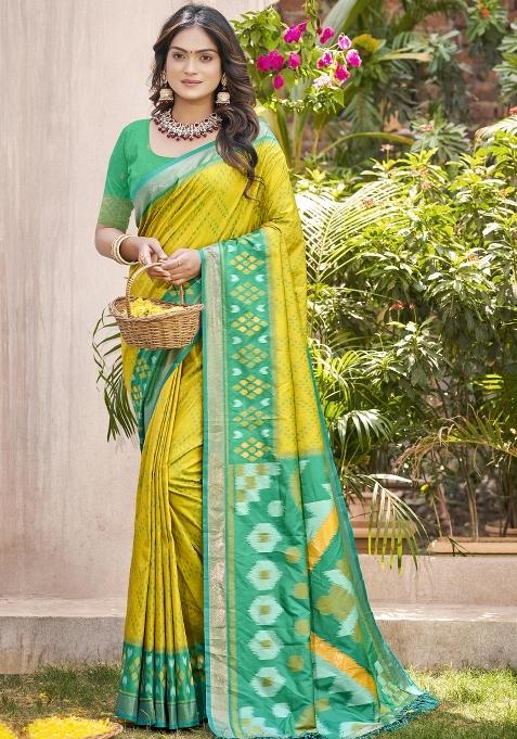 Mustard Yellow Woven Zari Work Pochampalli Silk Blend Saree Set